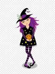 Halloween vector illustration of young witch girl with purple hair on transparent background.
