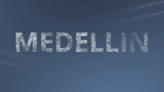 Flying airplanes reveal Medellin caption. Traveling to Colombia conceptual intro animation