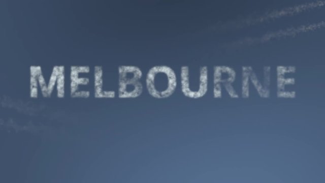 Flying airplanes reveal Melbourne caption. Traveling to Australia conceptual intro animation
