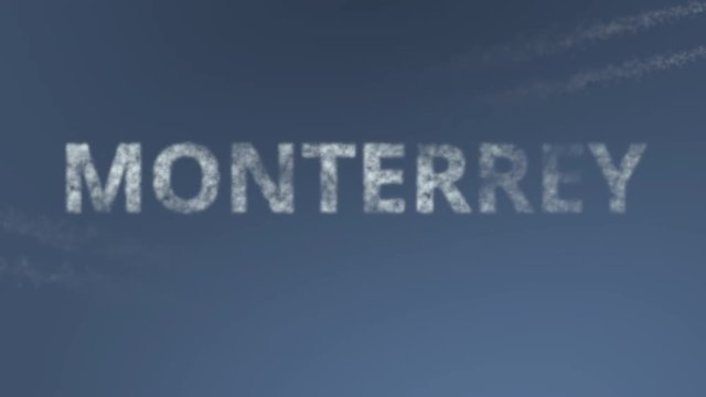 Flying airplanes reveal Monterrey caption. Traveling to Mexico conceptual intro animation
