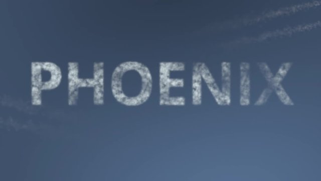 Flying airplanes reveal Phoenix caption. Traveling to the United States conceptual intro animation