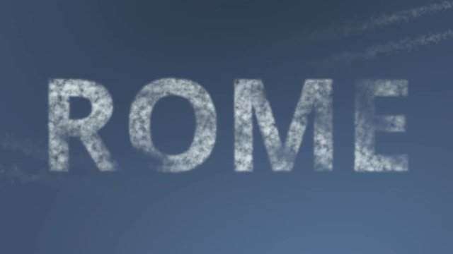 Flying airplanes reveal Rome caption. Traveling to Italy conceptual intro animation