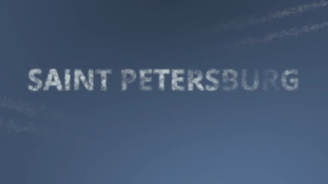 Flying airplanes reveal Saint Petersburg caption. Traveling to Russia conceptual intro animation