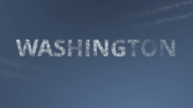 Flying airplanes reveal Washington caption. Traveling to the United States conceptual intro animation