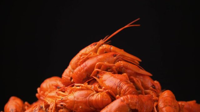 Footage red boiled crawfish closeup rotate on a tray.