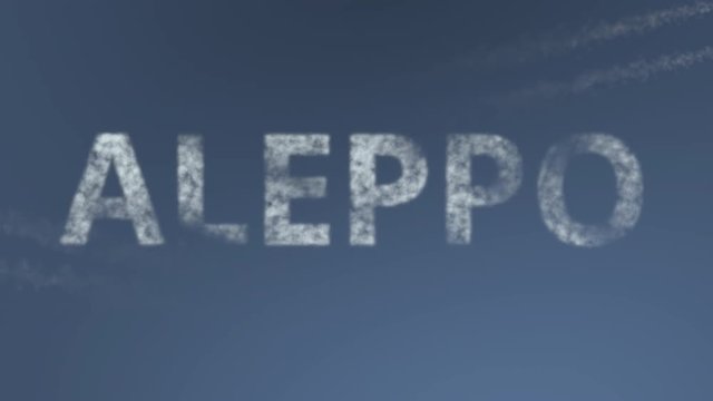 Flying airplanes reveal Aleppo caption. Traveling to Syria conceptual intro animation