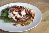 Zucchini and Sweet Potato Fritters with fried egg, bacon and salad, gourmet