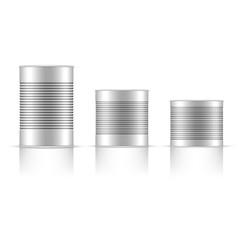 Set of white and metallic tin can with white cap. mock up. Vector.