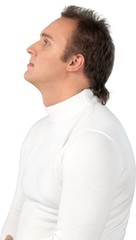 Portrait of young businessman in white sweater with hairstyle