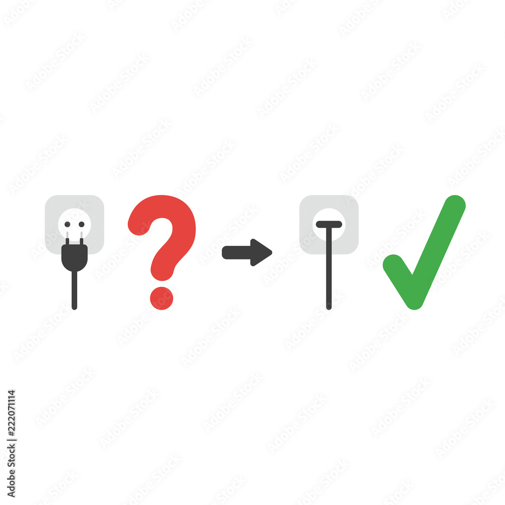 Poster Vector icon concept of plug plugged into outlet with check mark and question mark