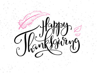 vector hand lettering greeting happy thanksgiving text with doodle feathers, leaves and dots