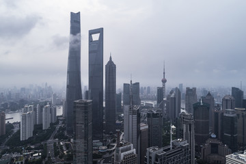 Fototapeta na wymiar aerial view of buildings of Shanghai city in a stormy day