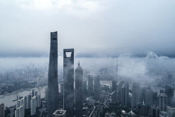 aerial view of buildings of Shanghai city in a stormy day