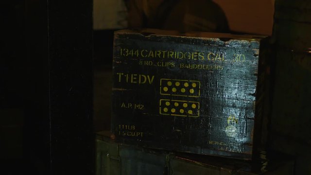 A pan across an old style military ammunition box, or ammo box. Shot at night.