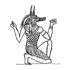 God of the dead Anubis in The Netherworld. Egyptian bas-relief (sketch).