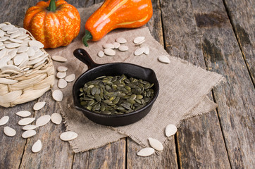 Pumpkin seeds in a pan
