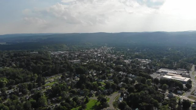 Drone Footage From Poet's Seat Tower In Greenfield, Massachusetts. Aerial Footage Of Small New England Town.