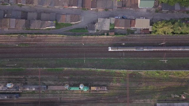 Aerial view of moving train named Intercity plus in Kiev, Ukraine.