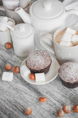 Cacao, chocolate cupcakes, nuts and different decorations