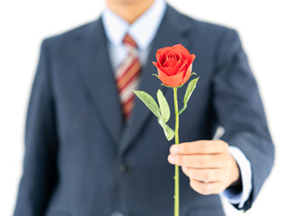 Businessman in suit with red rose on white