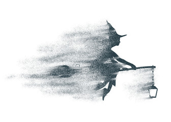 Obraz premium Illustration of flying young witch icon composed of particles. Witch silhouette on a broomstick with lamp. Halloween relative image.