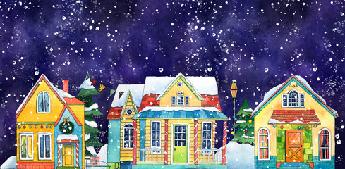 Fototapeta premium Watercolor Night Winter Street Village City Houses with Snowfall