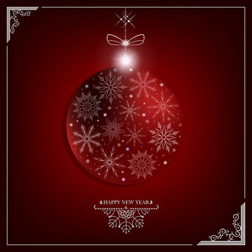Red Christmas composition with a silhouette of a New Year's ball with a frame, a bow and snowflakes.