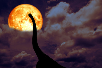 blood moon back silhouette dinosaur in  dark night heap cloud
