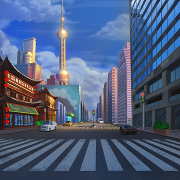 China ShangHai Street Realistic Country City Area Painting Series. Video Game's Digital CG Artwork, Concept Illustration, Realistic Cartoon Style Scene Design
