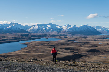 Man in red jacket looking at view of mountains near Lake Tekapo
