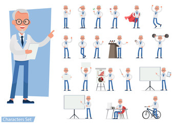 Set of Businessman character vector design doing different gestures. Presentation in various action with emotions, running, standing, walking and working. no8