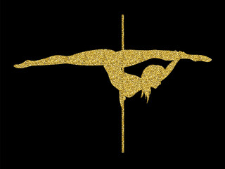silhouette women pole dance on a black background. Illustration with gold glitter for fitness, striptease dancers, exotic dance. Vector illustration for logotype, badge, icon, logo, banner, tag.