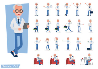 Set of Businessman character vector design doing different gestures. Presentation in various action with emotions, running, standing, walking and working. no9