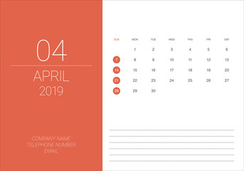 April 2019 desk calendar vector illustration