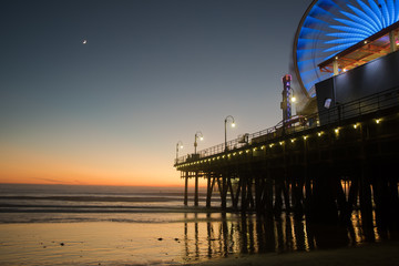 Santa Monica sunset with moon and amusement