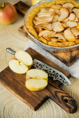 Traditional home-made autumn Apple pie-Charlotte, on a light background with appliances.