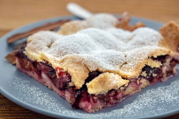 Plum tart with cinnamon. Delicious homemade plum baked goods. Portion of cake on a plate with shallow depth of field.