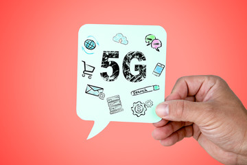 5G technology and communication concept. Paper speech bubble