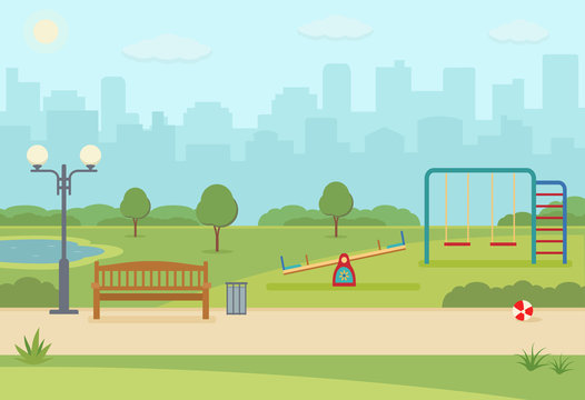 City park with сhildren's playground. Park on summer day. Vector illustration flat style.
