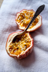 passion fruit on a white napkin, close-up