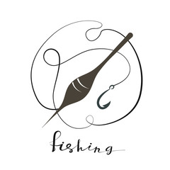 Fishing hook with float. Handwritten text vector illustration. Black and white logo.