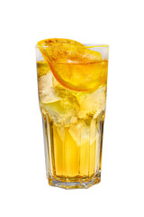 A yellow transparent cocktail, refreshing in a tall glass with ice cubes and lemon slice. Side view Isolated white background. Drink for the menu