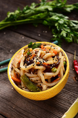 Udon noodles with meat and vegetables