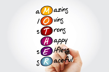 MOTHER (Amazing, Loving, Strong, Happy, Selfless, Graceful) acronym with marker, concept background