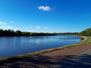 Moskva river on summer morning, river landscape taken from Kolomenskoye, Moscow, Russia