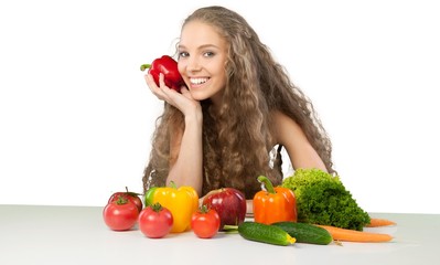 Portrait of a Young Woman with Vegetables and Fruits