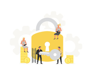 Businessmans hold a key from a large padlock in his hands. General Data Protection Regulation design illustration. Success and teamwork concept