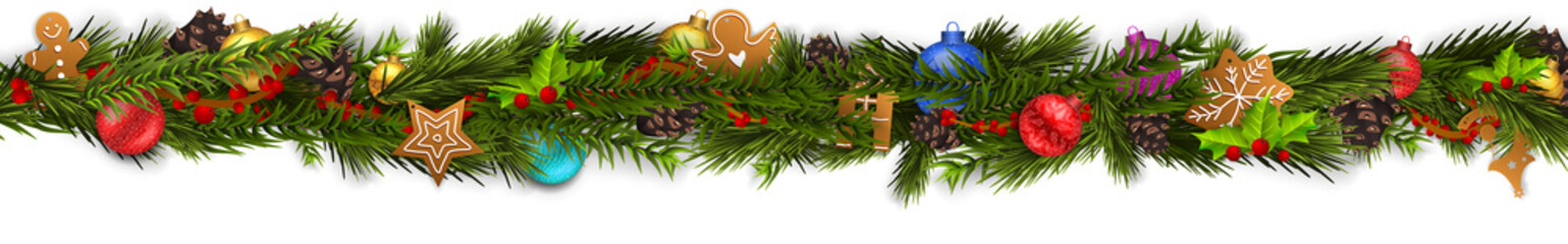 Christmas border (Weihnachten Girlande) with fir branches, pine cones, holly, and string lights. Merry Christmas background with open space for your text.