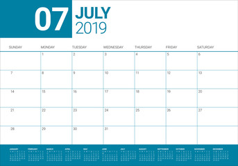 July 2019 desk calendar vector illustration