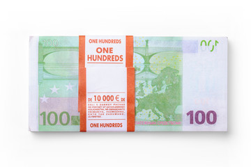 A bundle of euro bills on white background